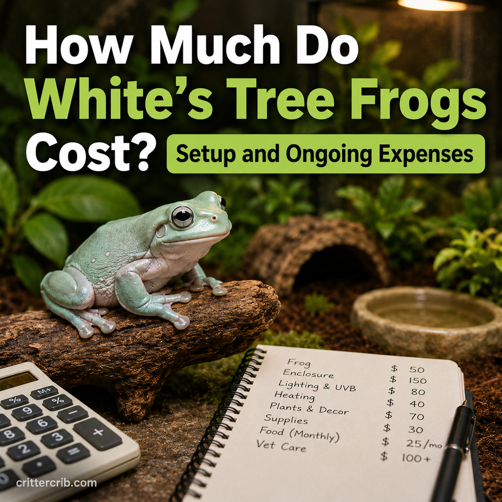 White’s tree frog in a terrarium with a calculator and pet care expense list