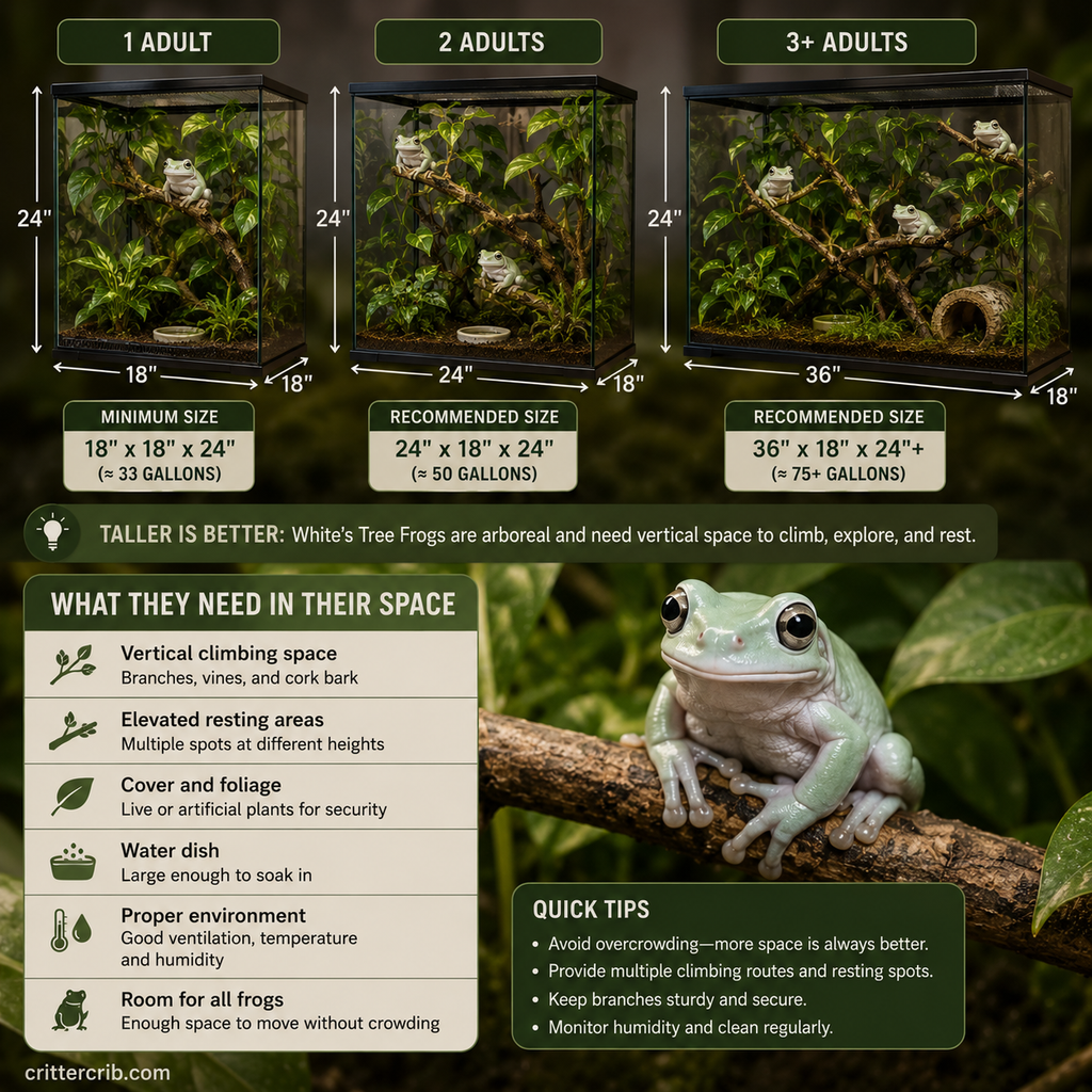 White's tree frog enclosure size comparison for one, two, and three adult frogs