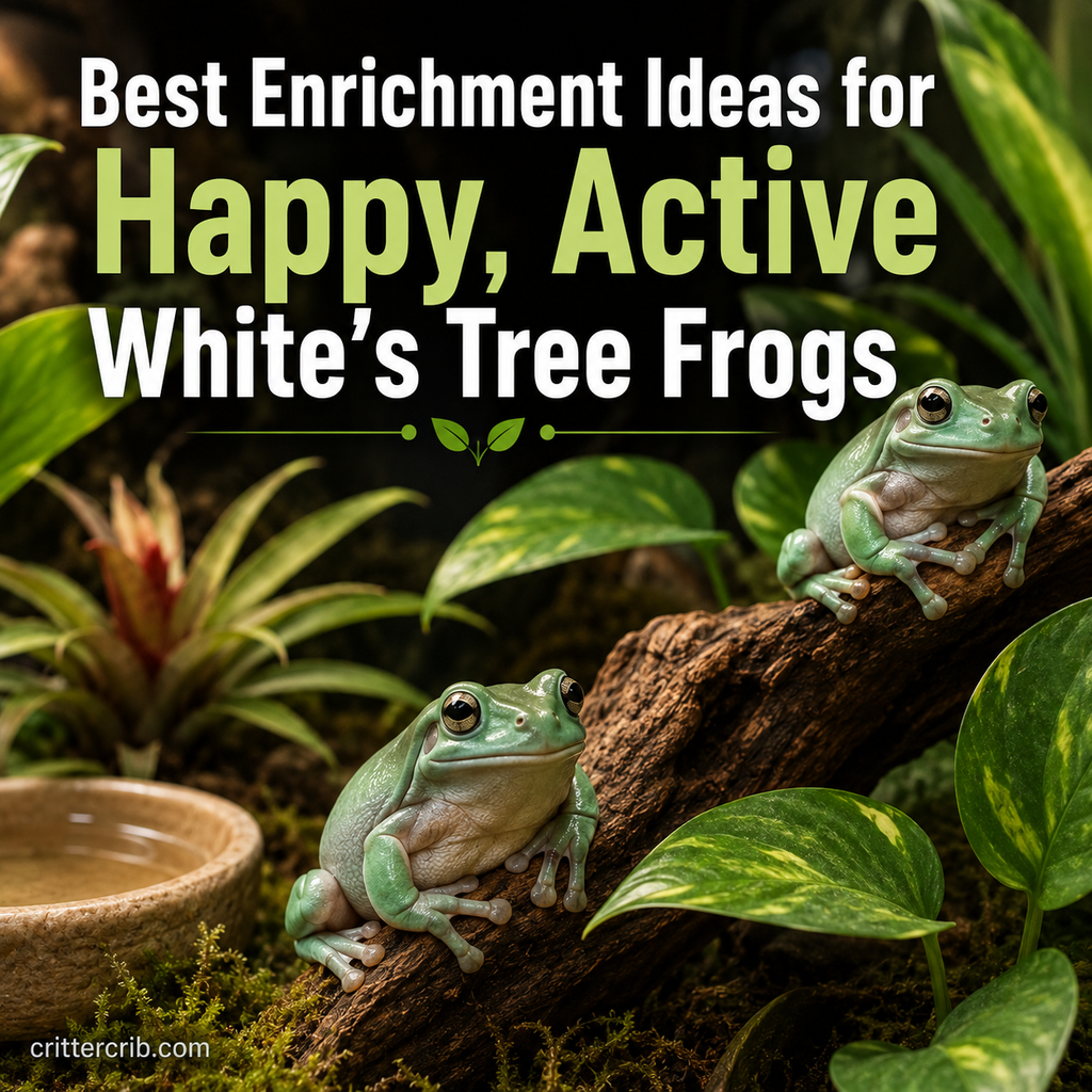 White's tree frogs climbing branches in an enriched natural terrarium with plants and a water dish