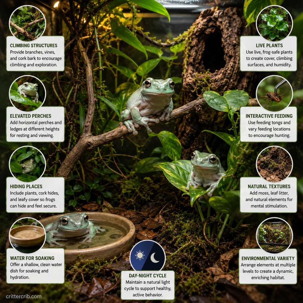 White's tree frog enrichment ideas with branches, perches, live plants, hiding places, water, and natural terrarium features