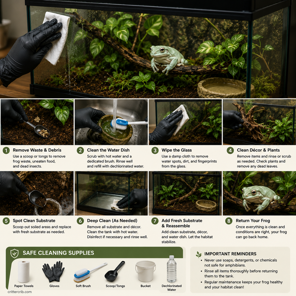 Steps for safely cleaning a White's tree frog habitat, including the water dish, glass, substrate, and decorations