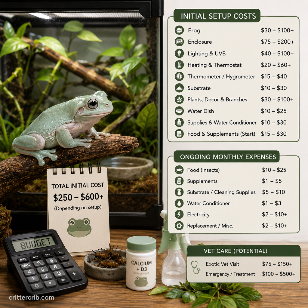 White’s tree frog setup costs and monthly expenses including enclosure, lighting, food, supplies, and veterinary care