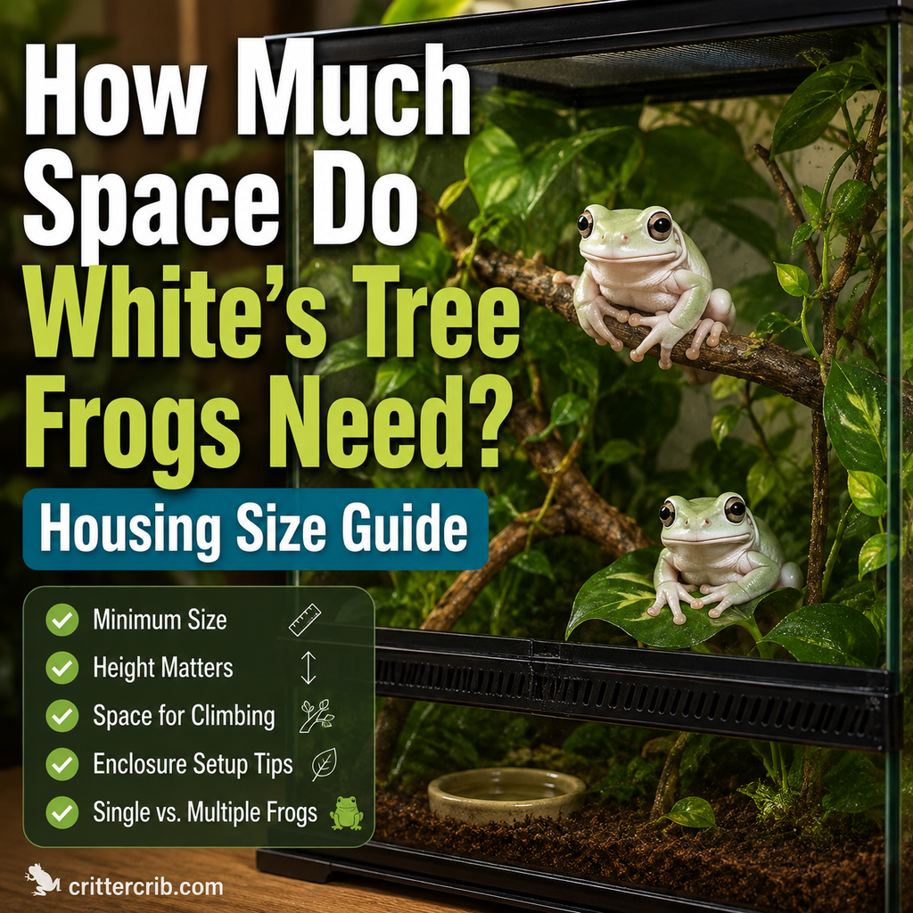 White's tree frogs in a tall terrarium showing proper enclosure size and climbing space