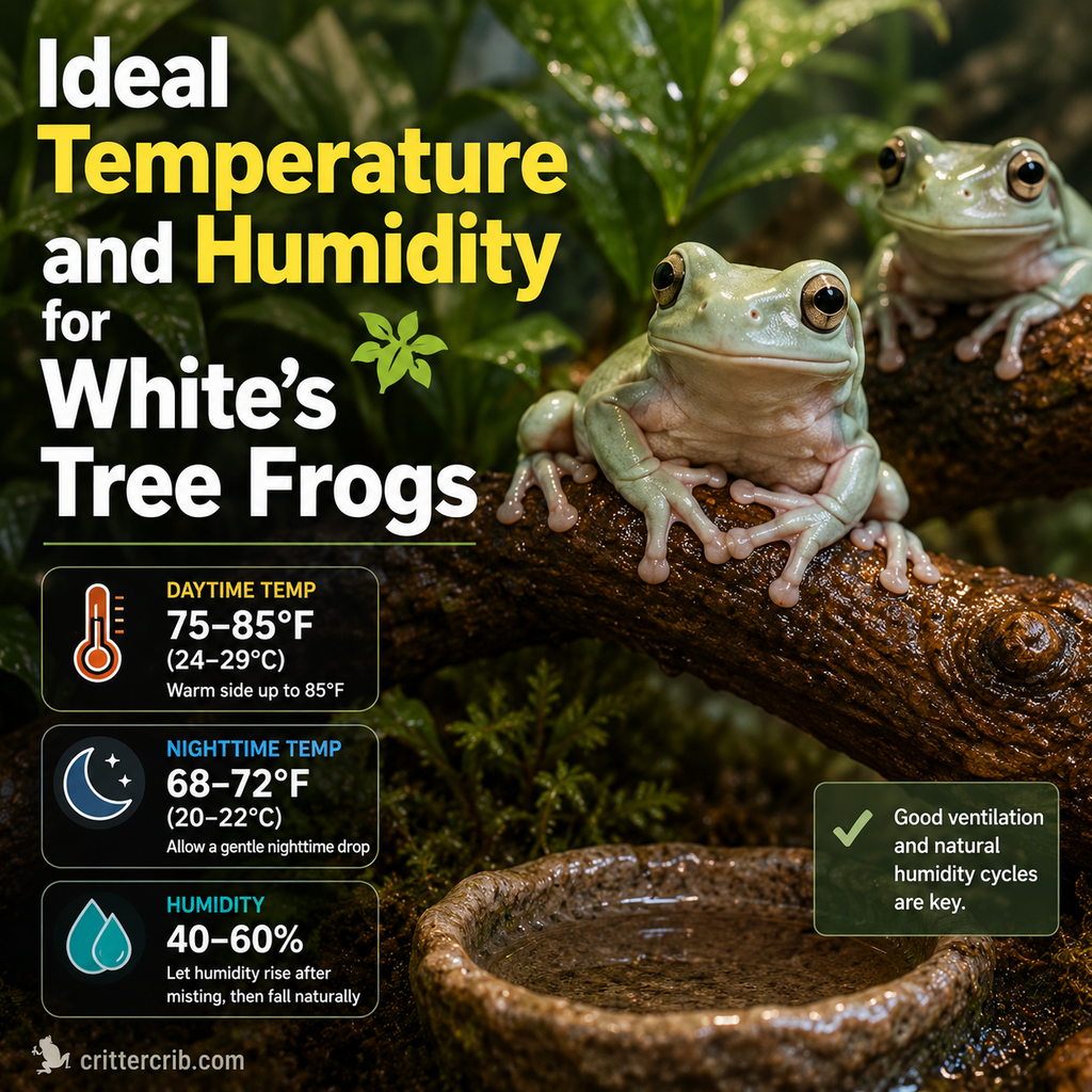 White's tree frogs in a terrarium illustrating ideal temperature and humidity conditions