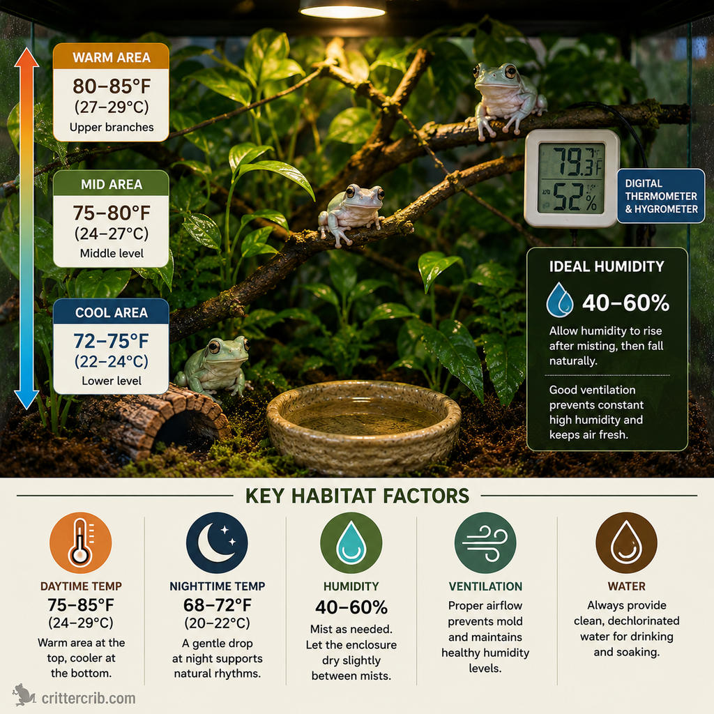 White's tree frog enclosure showing warm, middle, and cool temperature zones with ideal humidity and ventilation